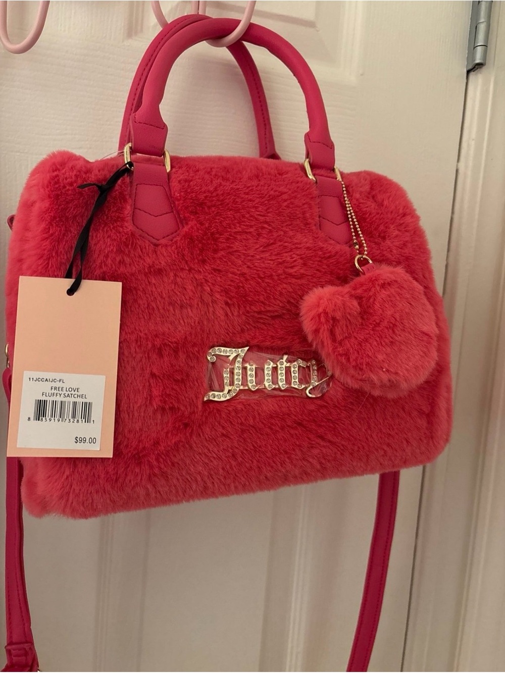 Juicy Couture Plush Satchel with Heart Pom-Pom - Coral Pink